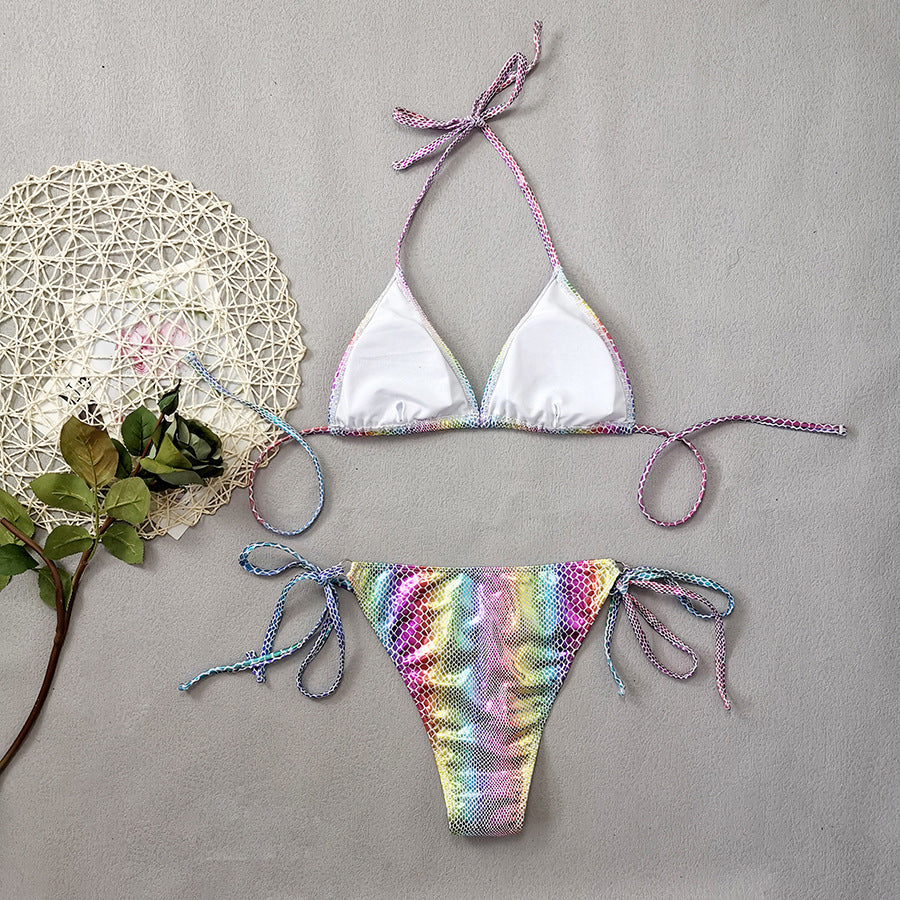 Gradient Snakeskin Print Triangle Bikini Set – Bronzed Patent Look, Quick-Dry Fabric