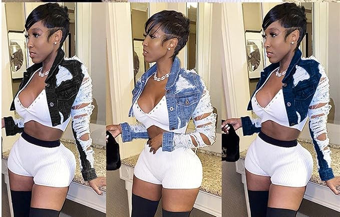 Street Style Cut-Out Crop Denim Jacket – Bold & Distressed