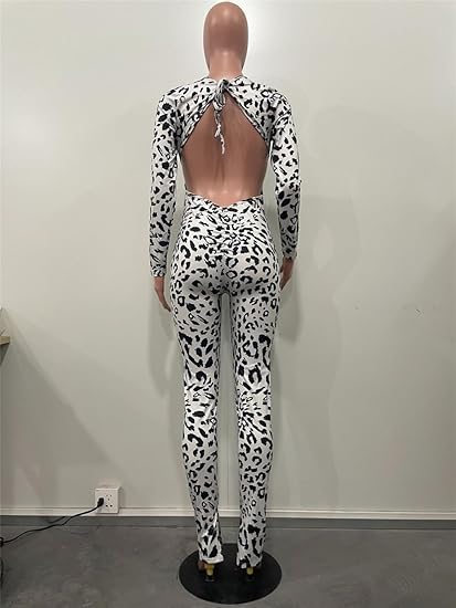 Women’s Leopard Print Backless Jumpsuit – Long Sleeve Skinny Fit | Streetwear Style