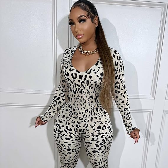 Women’s Leopard Print Backless Jumpsuit – Long Sleeve Skinny Fit | Streetwear Style
