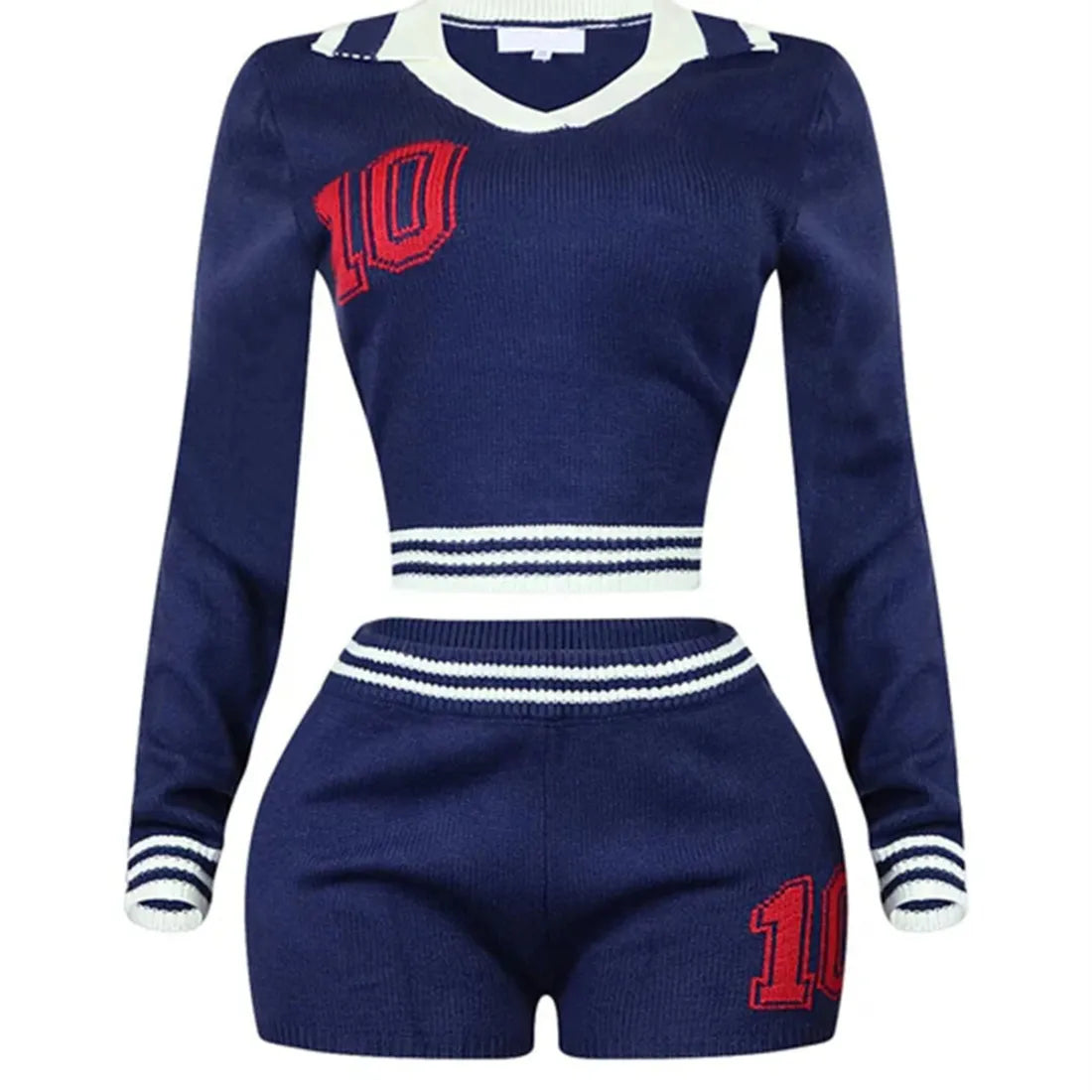 Contrast Stripe Lapel Top & Shorts Set – Street Style Long Sleeve Fit