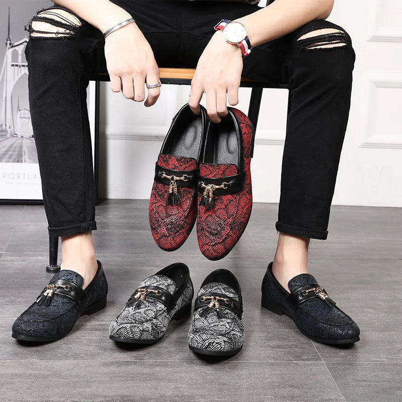 Fringed Men’s Tassel Loafers – Pointed Toe Peas Shoes with High Heel