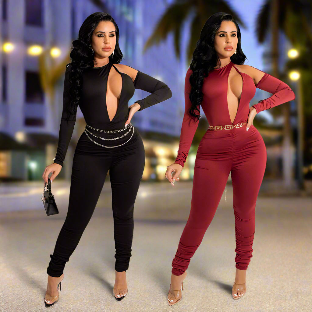 π₯ Fashion Solid Color Pleated Long-Sleeved Hollow Irregular Jumpsuit π₯