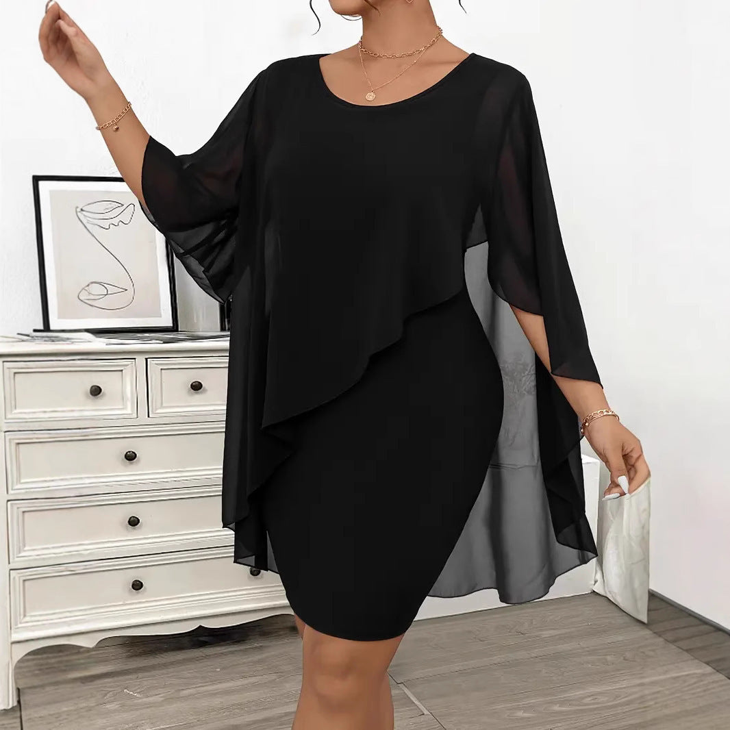Elegant Plus Size Asymmetrical Chiffon Overlay Shawl Dress – Black