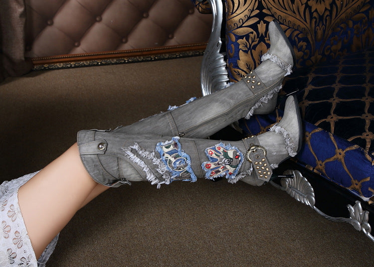 Women’s Distressed Denim Over-the-Knee Stiletto Boots with Belt Buckles & Beaded Accents