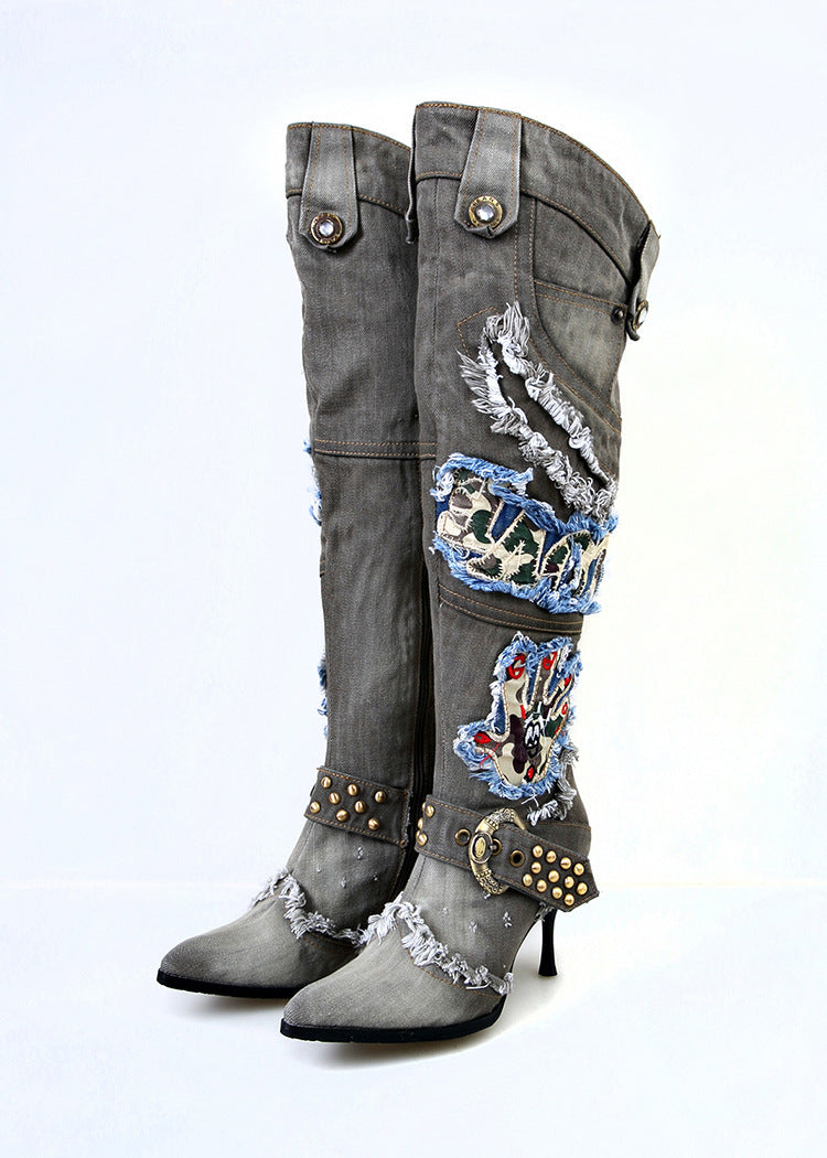 Women’s Distressed Denim Over-the-Knee Stiletto Boots with Belt Buckles & Beaded Accents