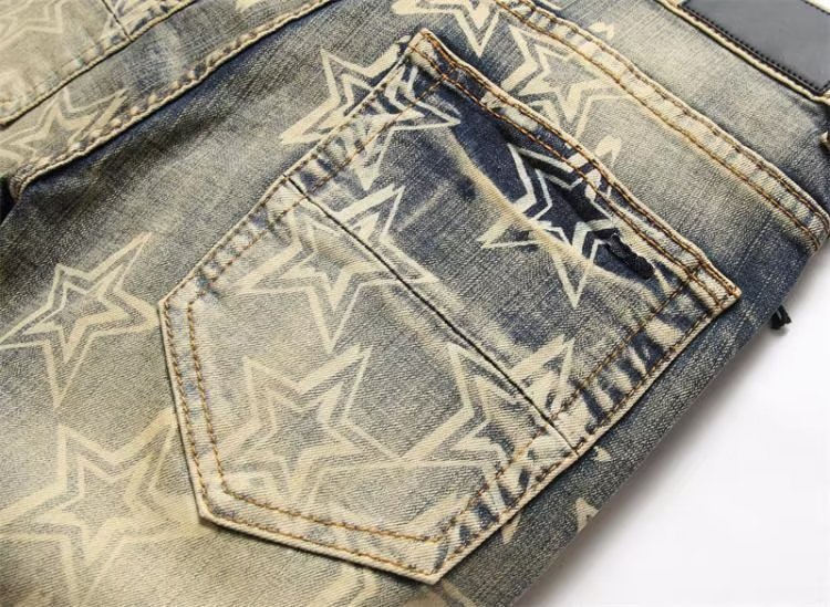 ⭐ Men’s Star Print Distressed Denim Jeans – Slim Fit Ripped Biker Style
