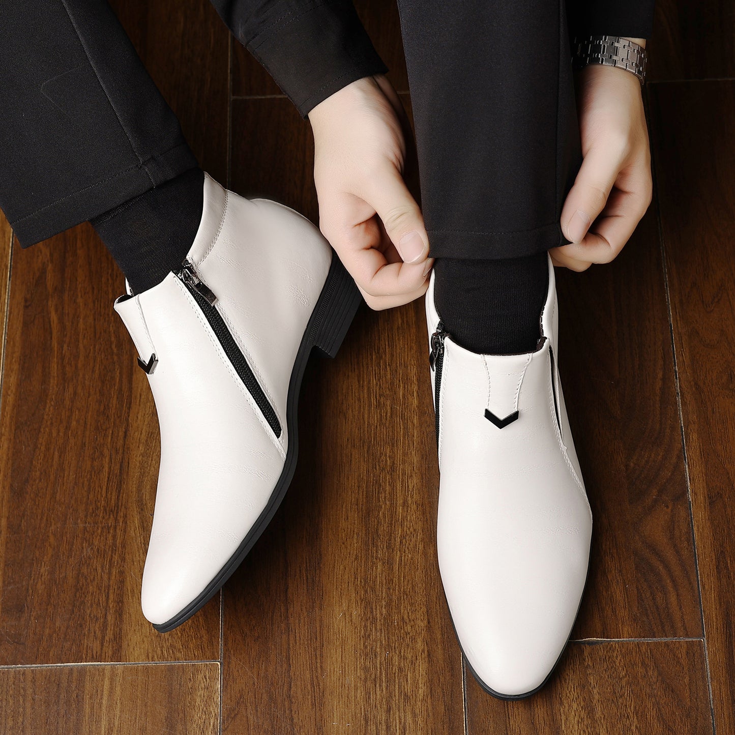 👞 Men’s Embossed Leather Chelsea Boots – Pointed Toe Zipper Ankle Boot✨