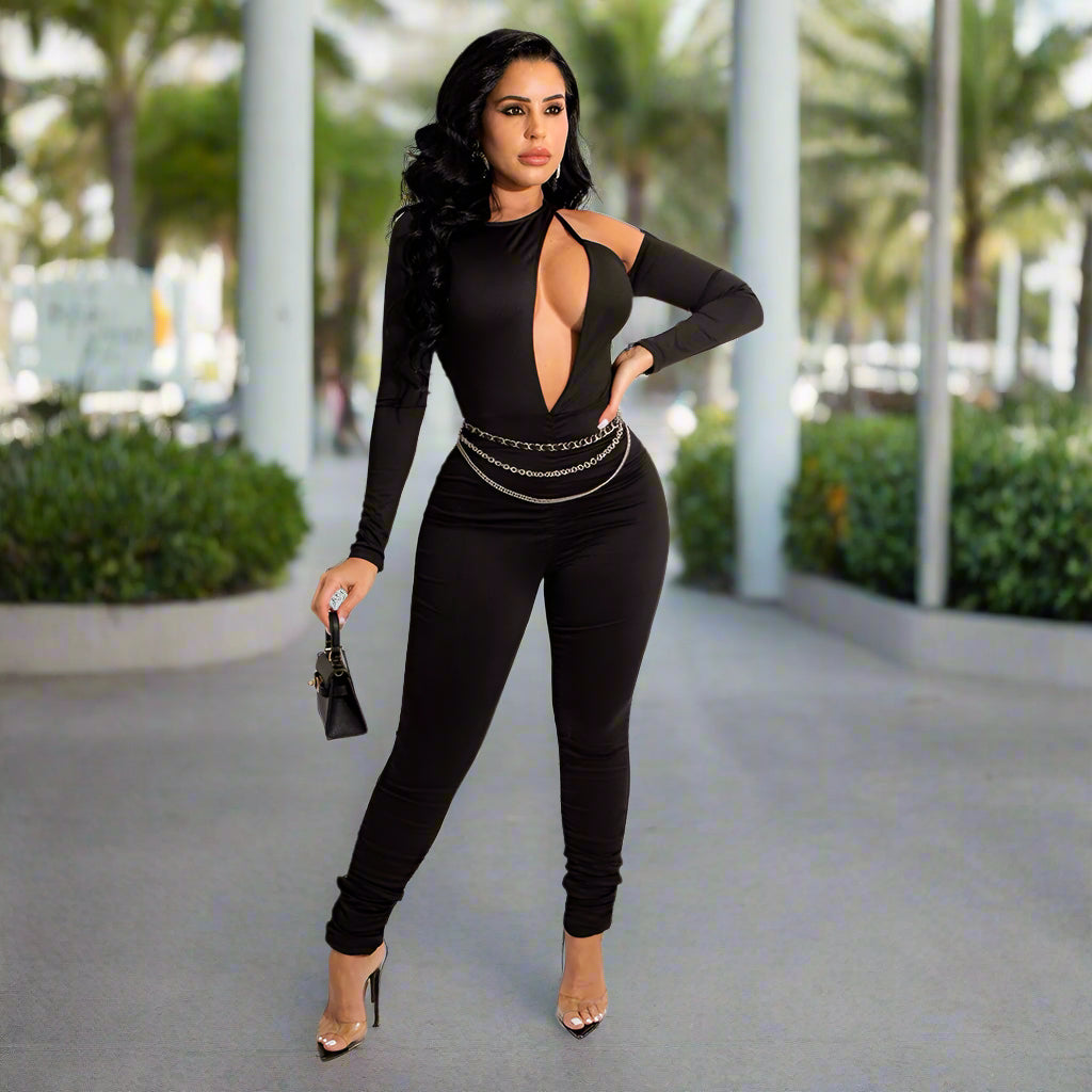 π₯ Fashion Solid Color Pleated Long-Sleeved Hollow Irregular Jumpsuit π₯