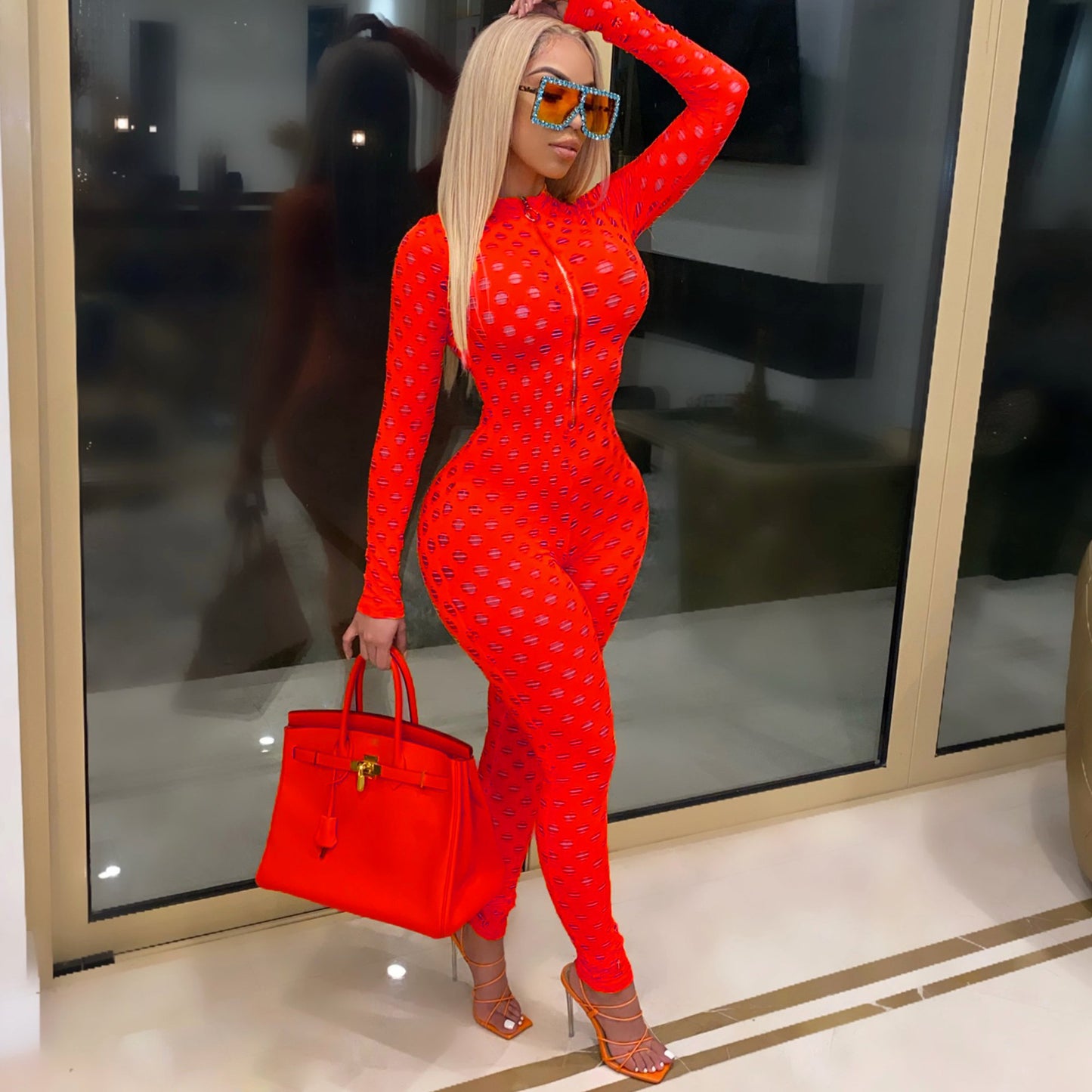 Sexy Hollow See-Through Jumpsuit – Zipper Slim Fit Mid-Waist One-Piece