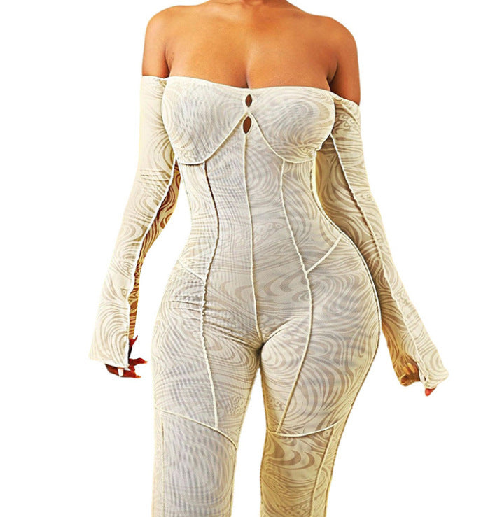 Sculpted Swirl Off-Shoulder Mesh Jumpsuit – Khaki Curve Contour Fit