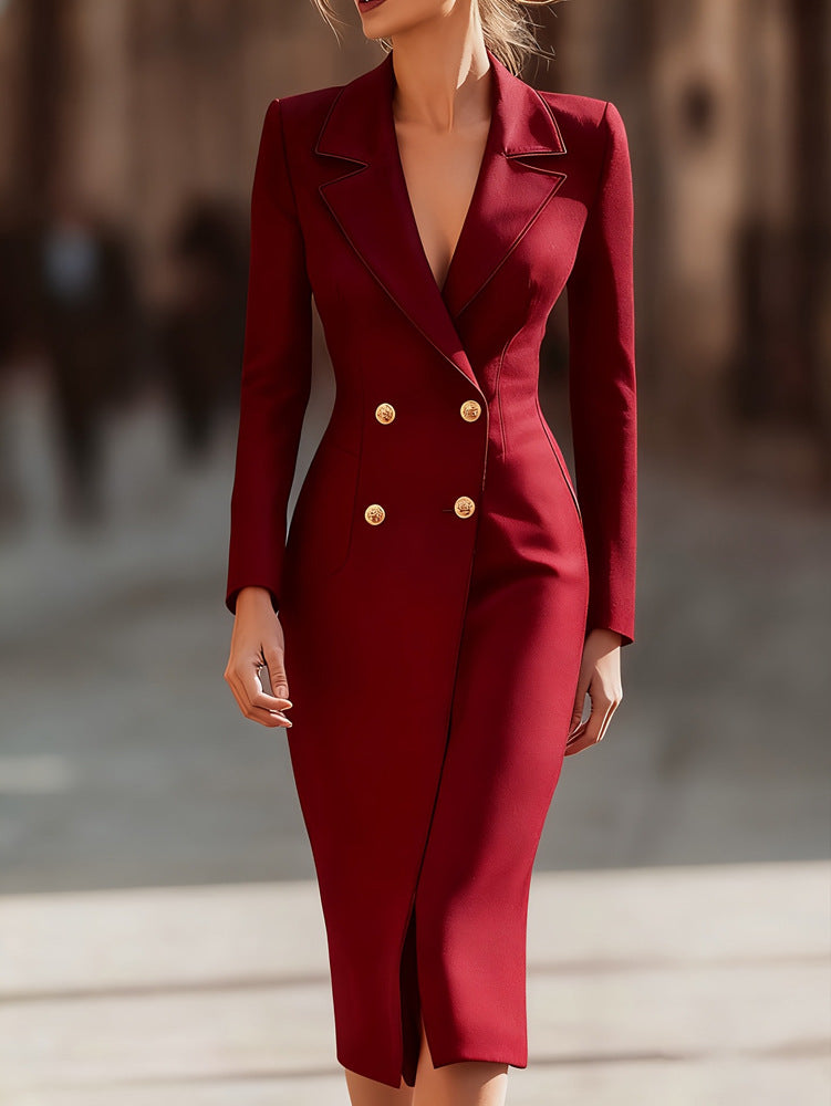 Power Femme Double-Breasted Suit Dress | Elegant Slim-Fit Midi Workwear