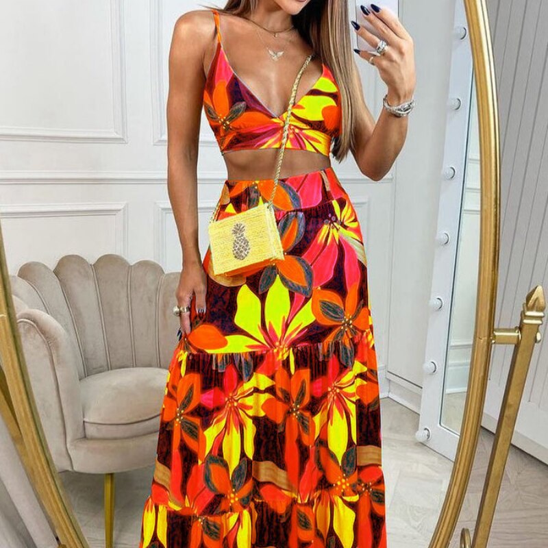 Elegant V-Neck Printed Maxi Skirt Set – Summer Chic Two-Piece Outfit