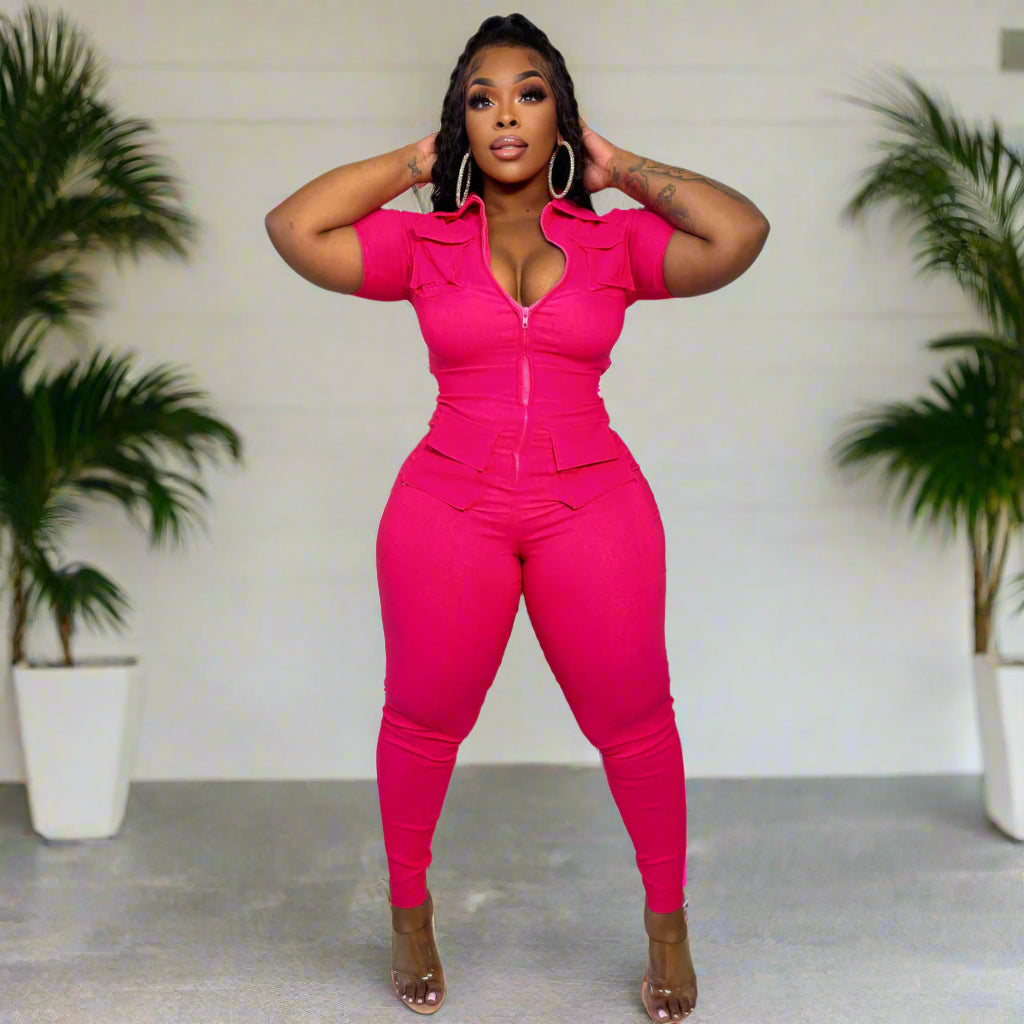 Women's Street Style Utility Jumpsuit with Zipper & 3D Pockets