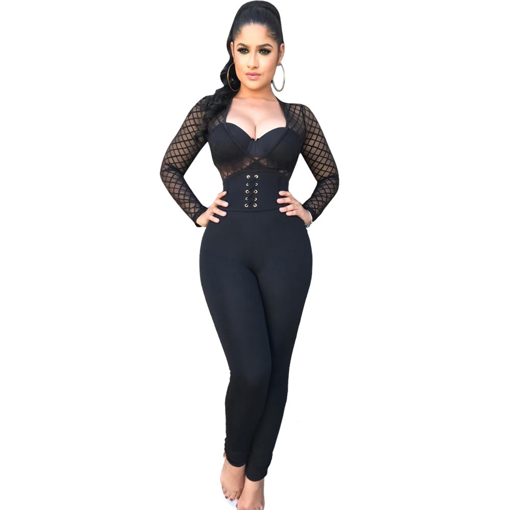 Seductive Mesh V-Neck Jumpsuit – Bold & Chic Statement Piece