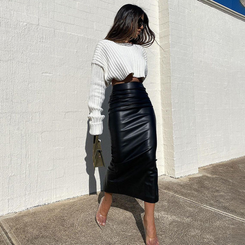 Luxe Shine: Sleek Leather Midi Skirt with Back Slit – Chic & Sexy Statement
