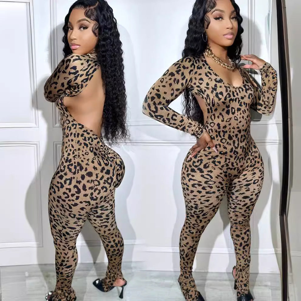 Women’s Leopard Print Backless Jumpsuit – Long Sleeve Skinny Fit | Streetwear Style