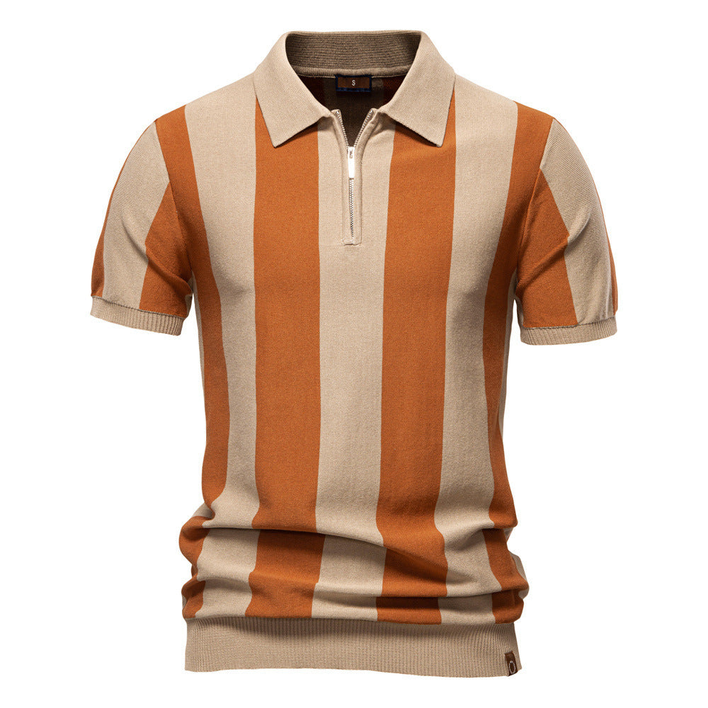 Men's Striped Woolen Polo Shirt – Short Sleeve Lapel Collar Top