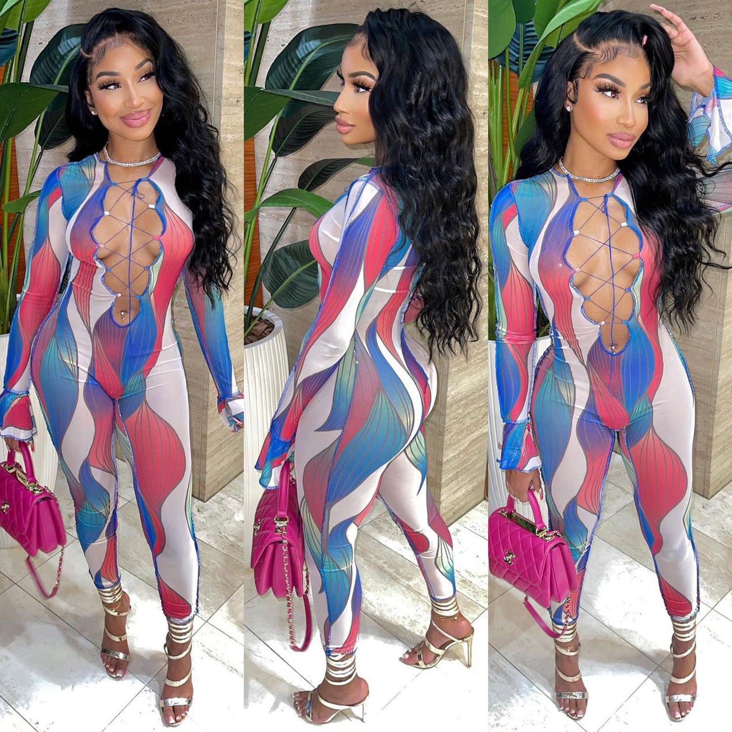 Vibrant Elegance Printed Long Sleeve Jumpsuit for Women