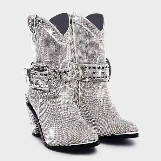 Women's Rhinestone Western Chunky Heel Boots – Sparkle Belt Detail, Mid Heel
