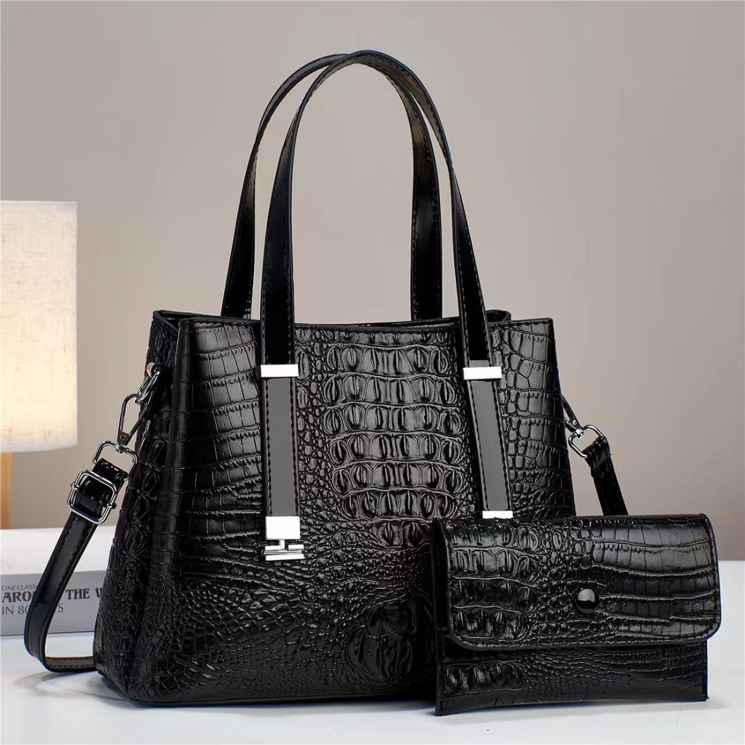 Women’s Crocodile Pattern Tote Bag Set – Large Capacity PU Leather Handbag with Matching Clutch