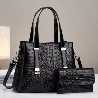 Women’s Crocodile Pattern Tote Bag Set – Large Capacity PU Leather Handbag with Matching Clutch