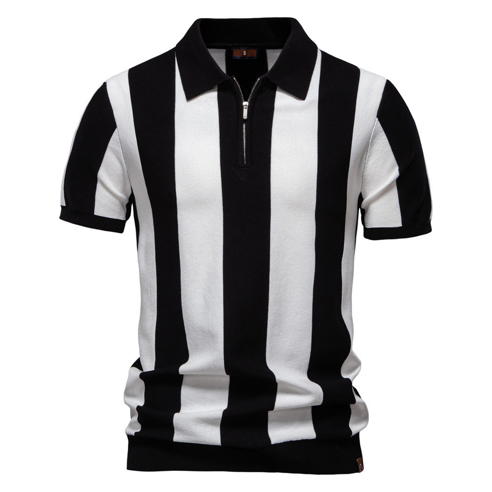 Men's Striped Woolen Polo Shirt – Short Sleeve Lapel Collar Top
