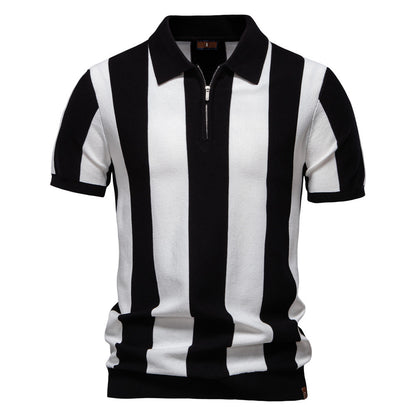 Men's Striped Woolen Polo Shirt – Short Sleeve Lapel Collar Top