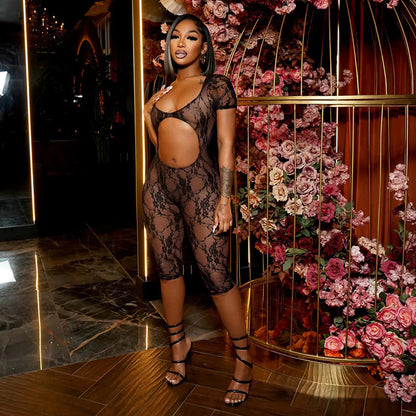 🖤 Lace U-Neck Cropped Jumpsuit – Long Sleeve High Stretch One-Piece