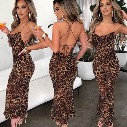 🐆 Sexy Leopard Print Backless Sling Maxi Dress – Women’s Bodycon Evening Gown