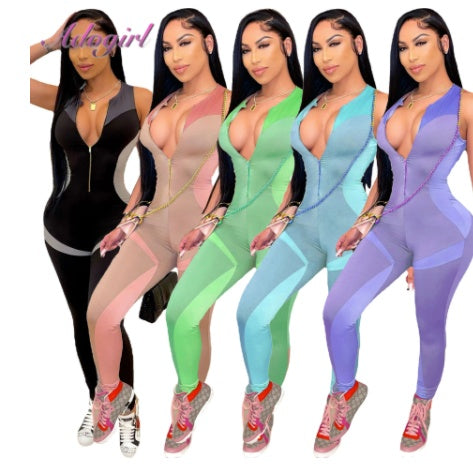 Glam Fit Colorblock Zipper Front Sleeveless Yoga Jumpsuit