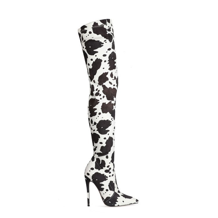 🐄 New Fashion European Style Cow Print Over-the-Knee Stiletto High Heel Boots