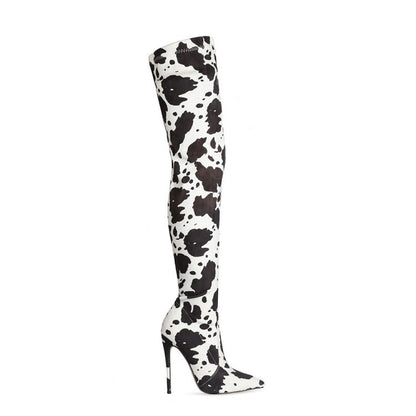 🐄 New Fashion European Style Cow Print Over-the-Knee Stiletto High Heel Boots