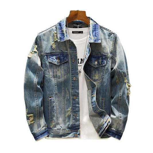 Nostalgic Ripped Slim-Fit Distressed Denim Jacket for Men – Casual Vintage Streetwear
