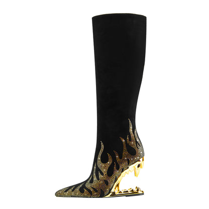 Women's Rhinestone Flame Stiletto Boots with Sculpted Tiger Tooth Heel