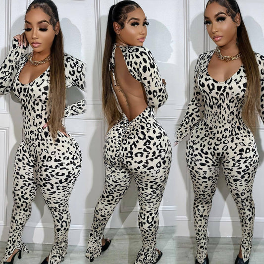 Women’s Leopard Print Backless Jumpsuit – Long Sleeve Skinny Fit | Streetwear Style