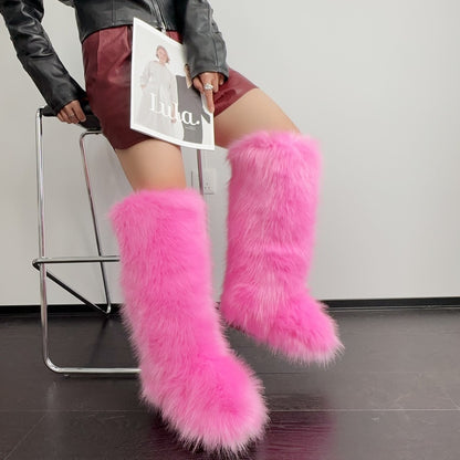 Luxury Faux Fur Knee-High Boots – Women’s Fluffy Winter Warm Statement Boots