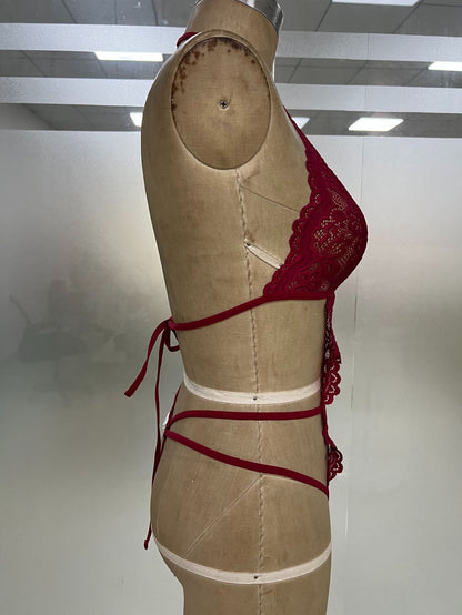 🌹 Seductive Allure Lace Jumpsuit – Wine Red, Sheer Elegance & Sultry Fit