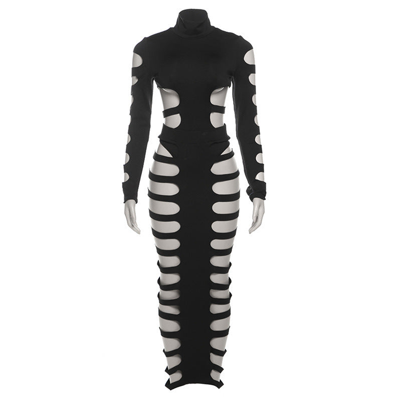 Sexy Cutout Ripped Bodycon Long Sleeve Maxi Dress