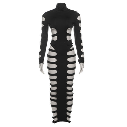 Sexy Cutout Ripped Bodycon Long Sleeve Maxi Dress