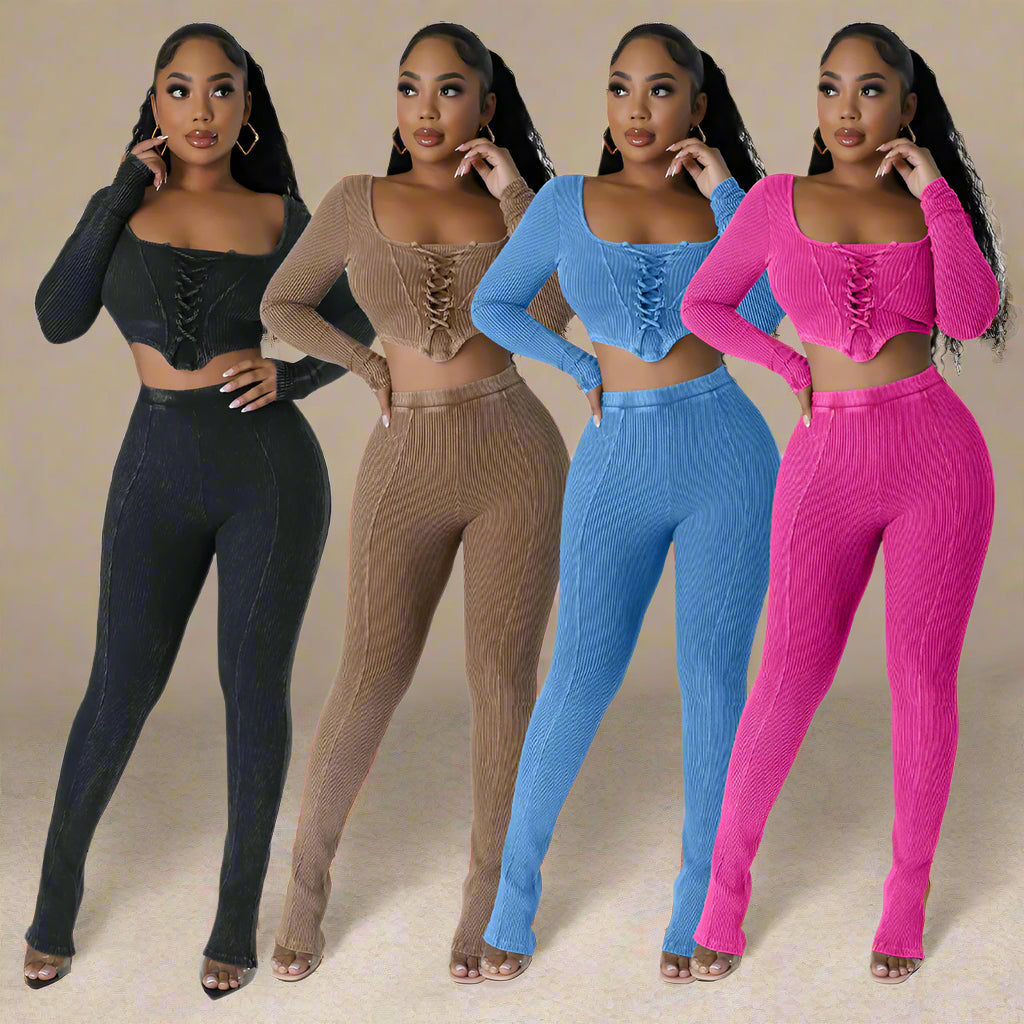 City Sleek Backless Two-Piece Set – Square Neck Top & Skinny Pencil Trousers