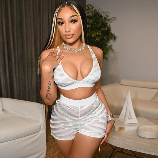 Sheer Mesh Two-Piece Set – Hollow-Cut Corset Top & High Waist Shorts