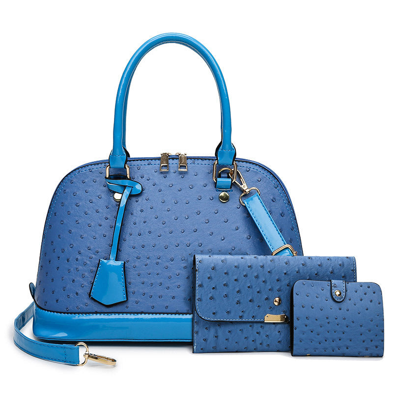 Women’s 3-Piece Ostrich Pattern Handbag Set – Retro Shell Tote, Clutch & Wallet