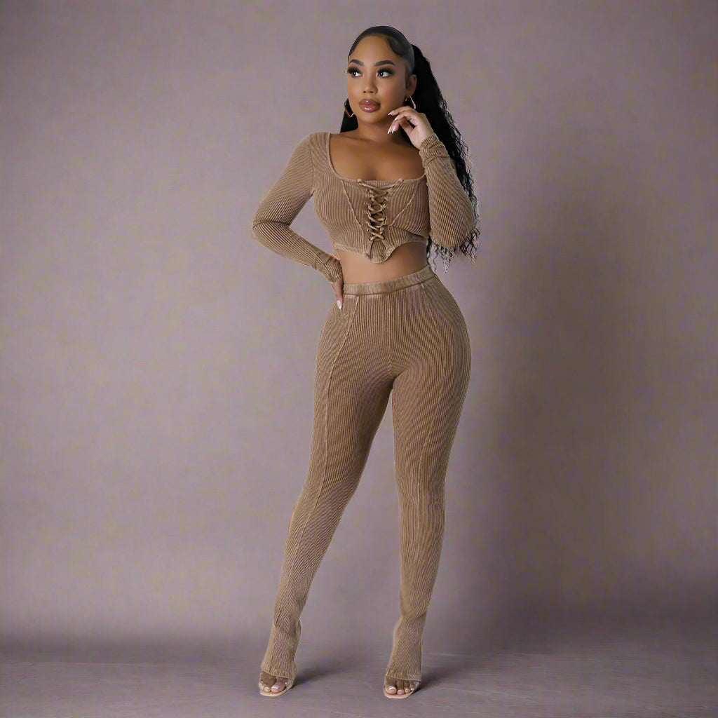 City Sleek Backless Two-Piece Set – Square Neck Top & Skinny Pencil Trousers