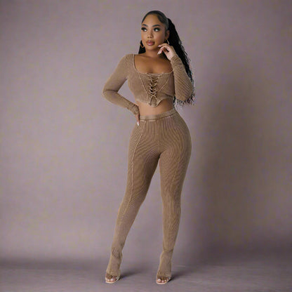 City Sleek Backless Two-Piece Set – Square Neck Top & Skinny Pencil Trousers