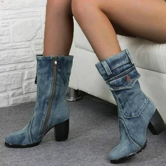 Denim Mid-Calf Boots – Thick Heel, Side Zip & Stitch Detail