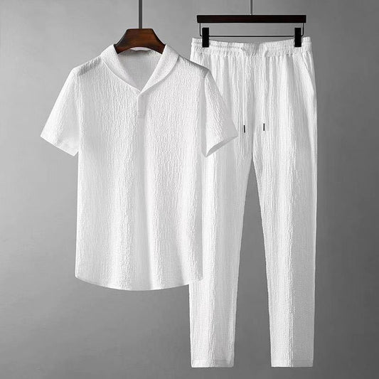 Men's Summer Leisure Set – Loose Short Sleeve Top & Drawstring Trousers
