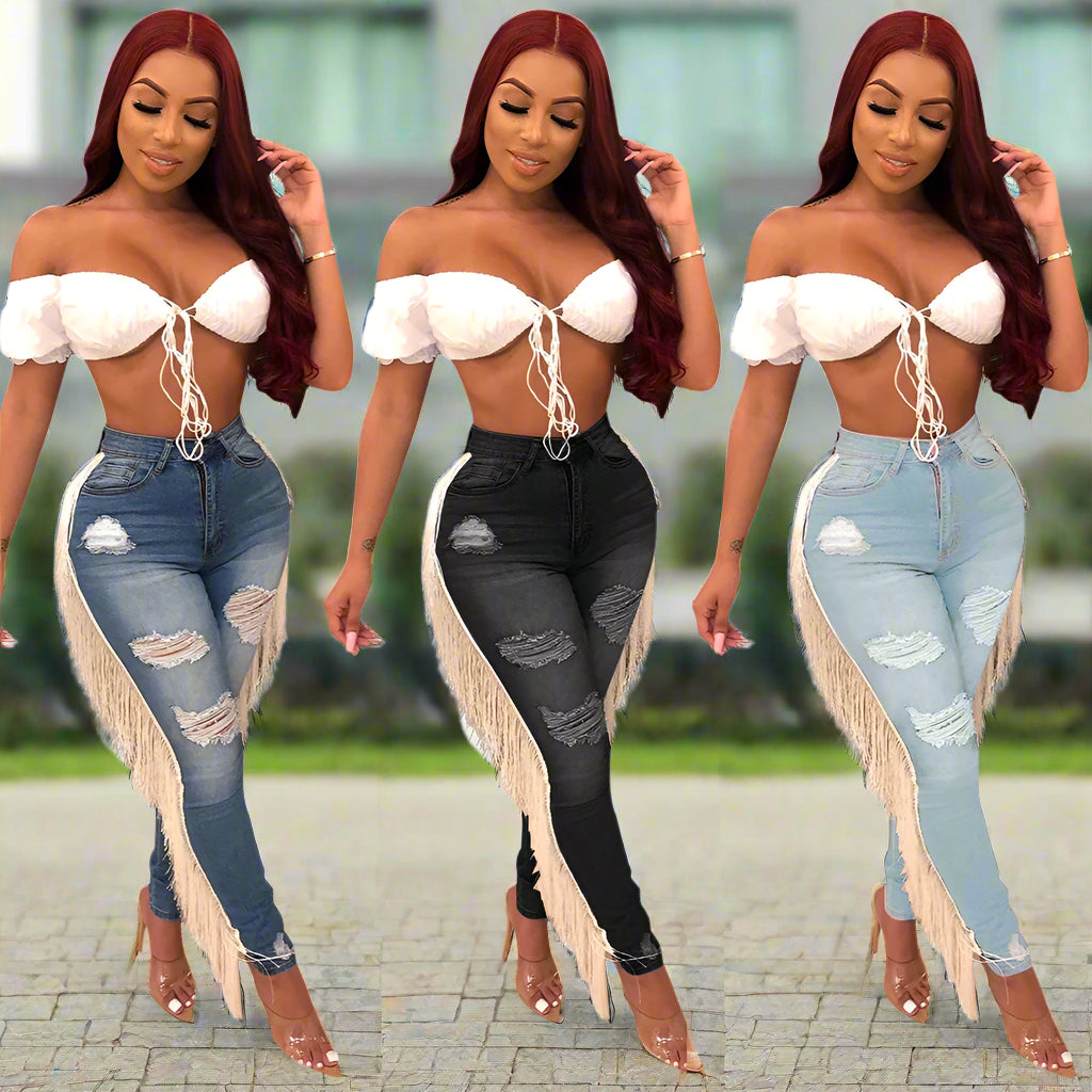 Wild Fringe Denim Jeans – Distressed High-Waist with Ruffle Drama