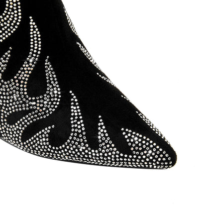 Women's Rhinestone Flame Stiletto Boots with Sculpted Tiger Tooth Heel