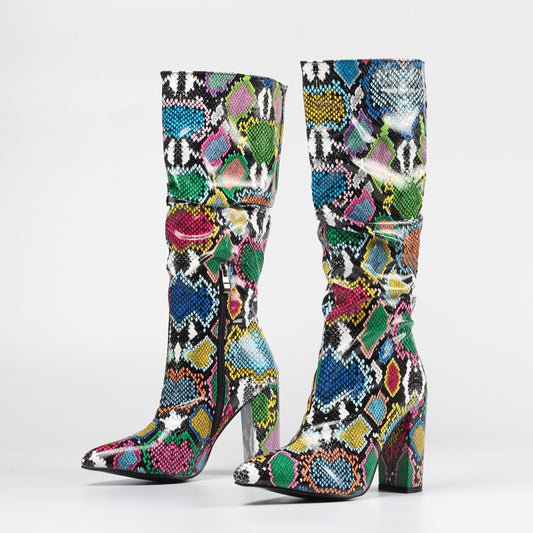 Graffiti Pointed Toe Knight Boots – Bold Prints & Thick Heels